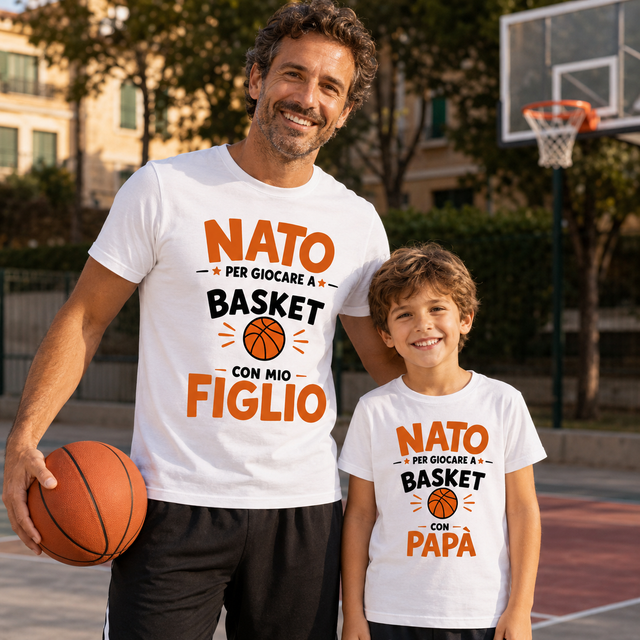 T-shirt bianca uomo e bambino con grafica “NATO per giocare a Basket”