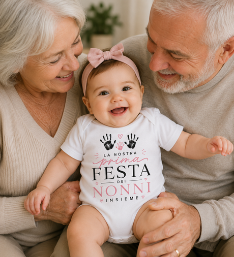 Body neonato bianco con scritta Festa dei Nonni rosa e dettagli con cuoricini