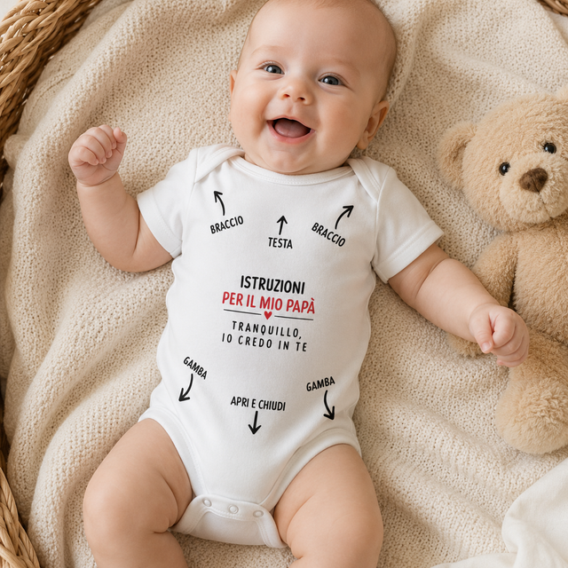 Body neonato bianco con scritta 'Istruzioni per il mio papà' e frecce