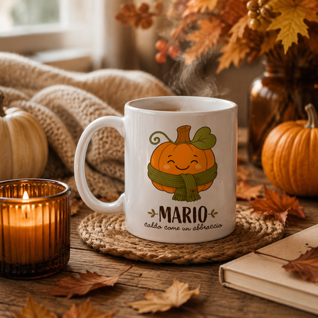 Tazza bianca con zucca e nome 'MARIO', scritta 'caldo come un abbraccio'.