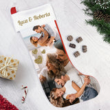 Calza in tessuto bianco personalizzata con scritta dorata e foto di famiglia