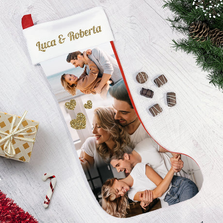 Calza in tessuto bianco personalizzata con scritta dorata e foto di famiglia