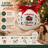 Pallina di Natale bianca con fiocco rosso, grafica e istruzioni di personalizzazione a sinistra
