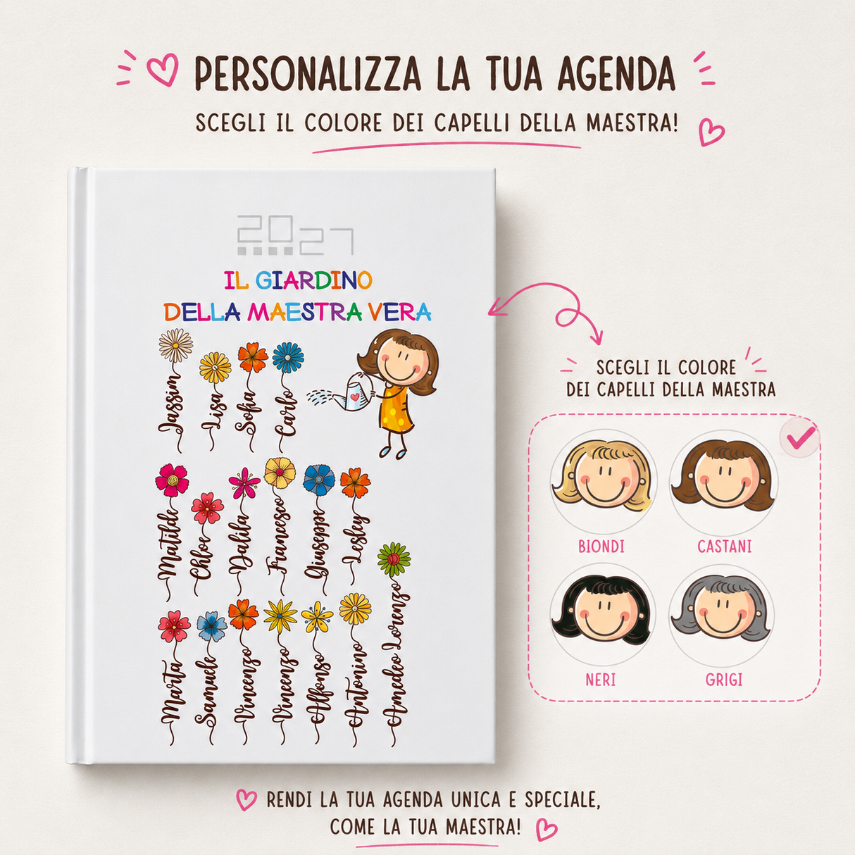 Agenda bianca con istruzioni di personalizzazione e scelta colore capelli della maestra