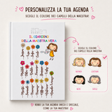 Agenda bianca con istruzioni di personalizzazione e scelta colore capelli della maestra