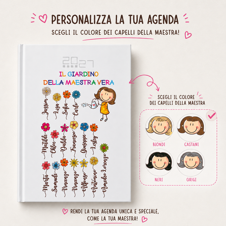 Agenda bianca con istruzioni di personalizzazione e scelta colore capelli della maestra
