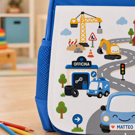 Zaino blu con tasca frontale illustrata con officina, camion e nome “MATTEO”