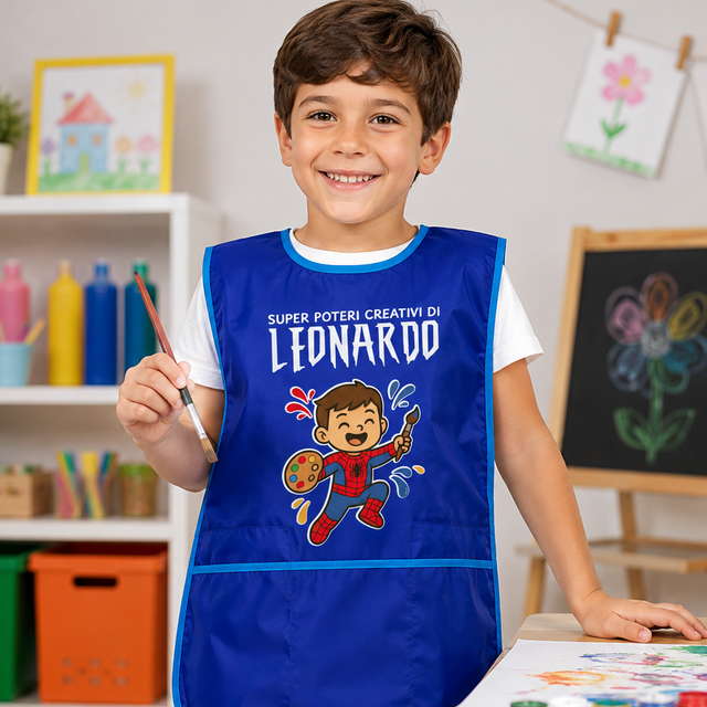 Grembiule da pittura blu per bambini indossato, con stampa Spider Kid e pennello