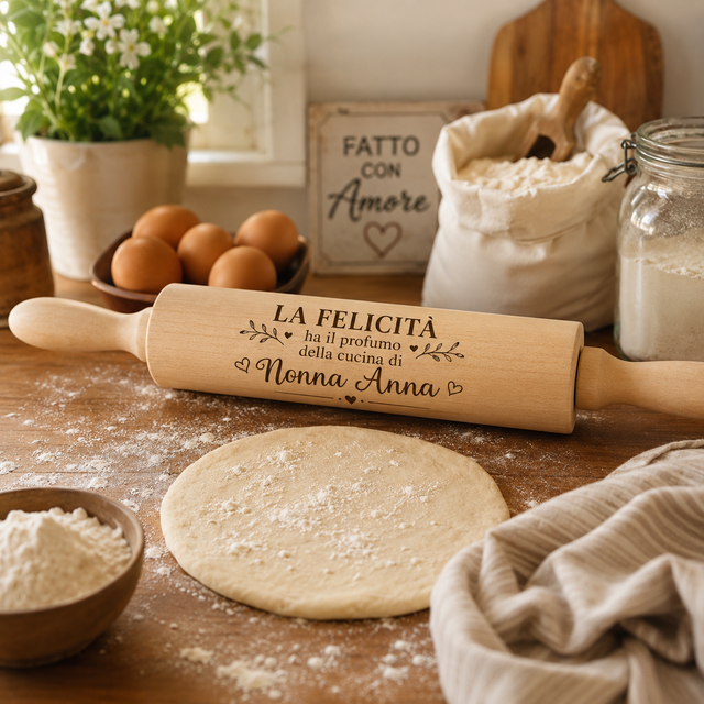 Mattarello in legno con incisione “La felicità” e nome “Nonna Anna”, superficie liscia