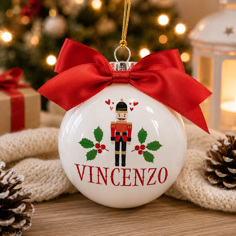 Pallina di Natale in vetro con fiocco rosso, Schiaccianoci e nome VINCENZO