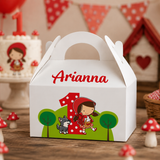 Scatolina regalo bianca con manici e nome Arianna, Cappuccetto Rosso e lupo