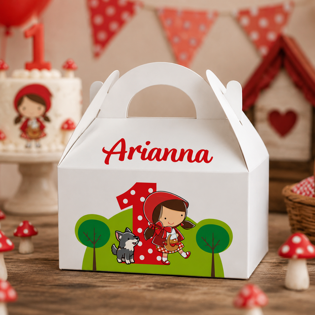 Scatolina regalo bianca con manici e nome Arianna, Cappuccetto Rosso e lupo