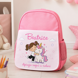 Zainetto asilo rosa con pannello bianco personalizzato Beatrice e disegno unicorno