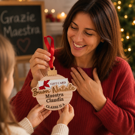 Porta Gift Card natalizio in legno con nastro rosso, decorazione tenuta da una donna