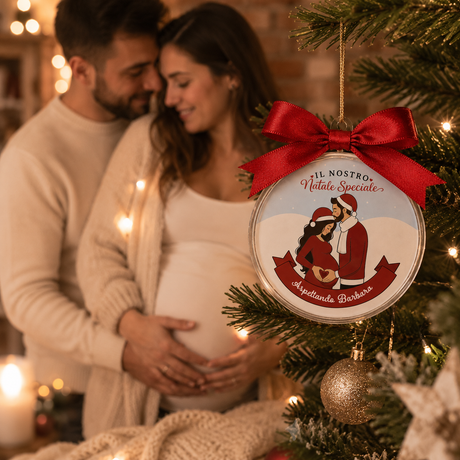 Pallina natalizia sferica appesa con fiocco rosso e grafica “Il Nostro Natale Speciale”
