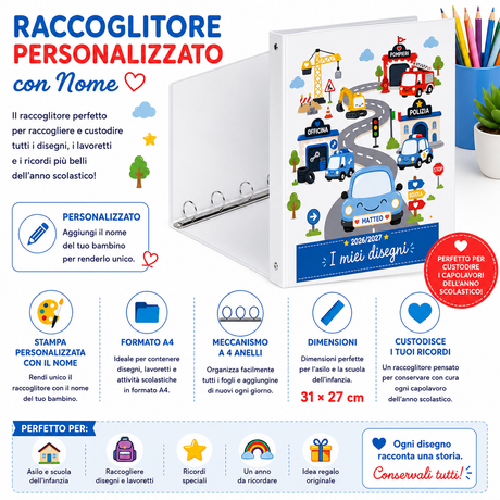 Raccoglitore ad anelli A4 personalizzato con nome, macchinine e pannello informativo