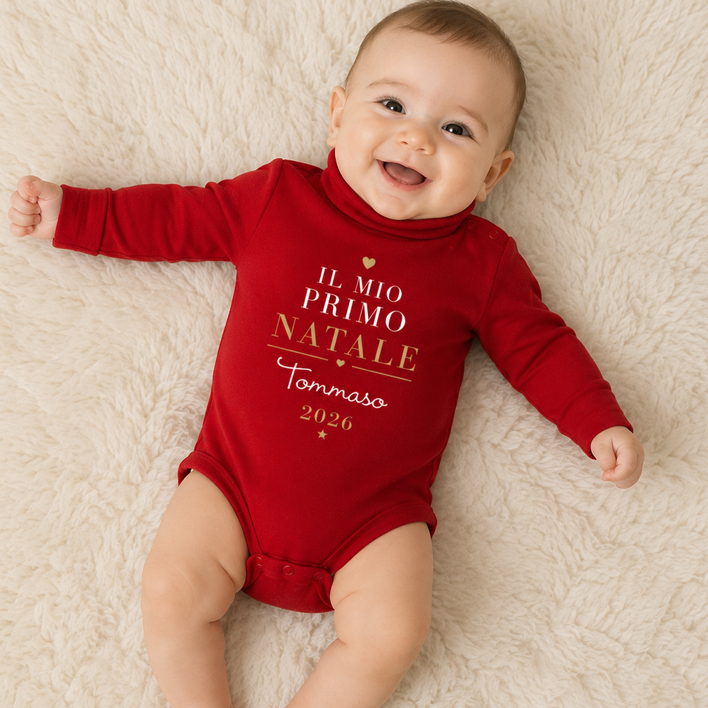 Body neonato rosso a maniche lunghe con stampa "Il mio primo Natale Tommaso 2026"