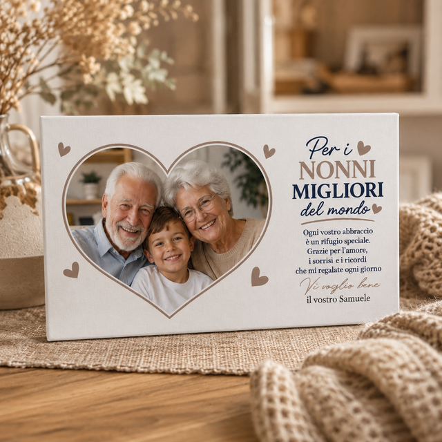 Tela personalizzata su tavolo con cuore fotografico di nonni e bimbo, testo blu
