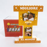 Trofeo giallo con scritta MIGLIORE e foto di papà e bambino, base rossa