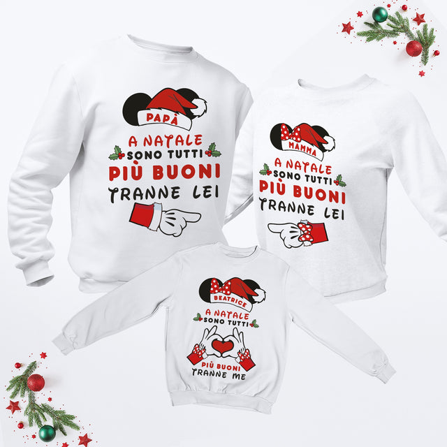 Felpa natalizia bimba bianca con scritta e personaggi di famiglia, maniche lunghe