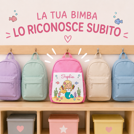 Zainetti su mensola: zainetto rosa con nome Sophia e altri colori pastello