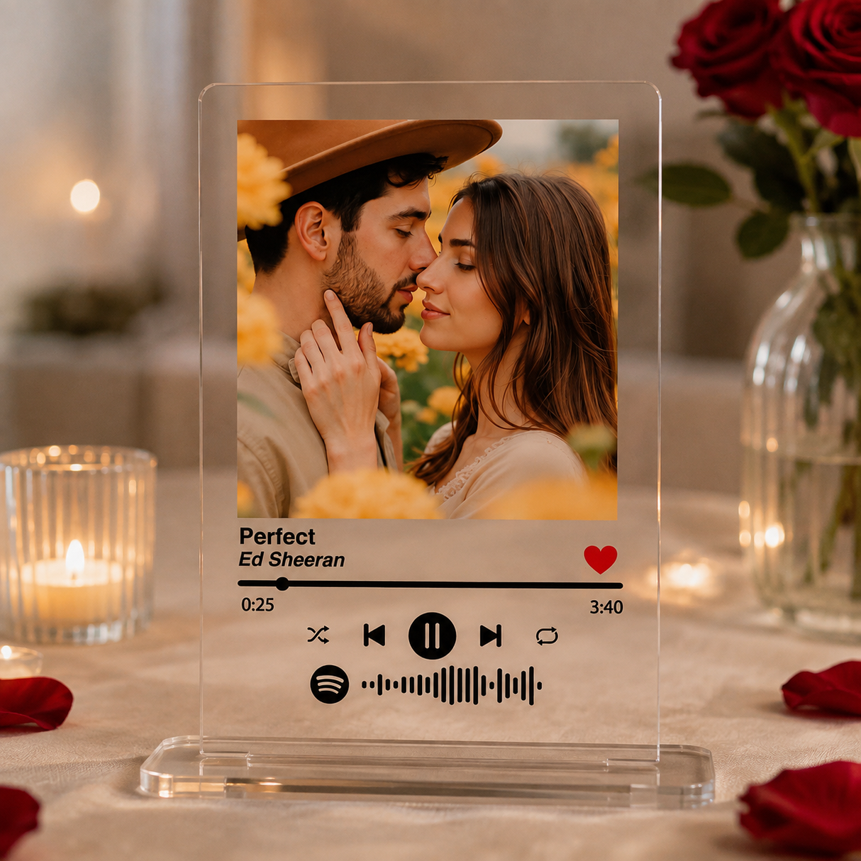 Targa Spotify in plexiglass trasparente con foto di coppia e codice scansionabile, base acrilica