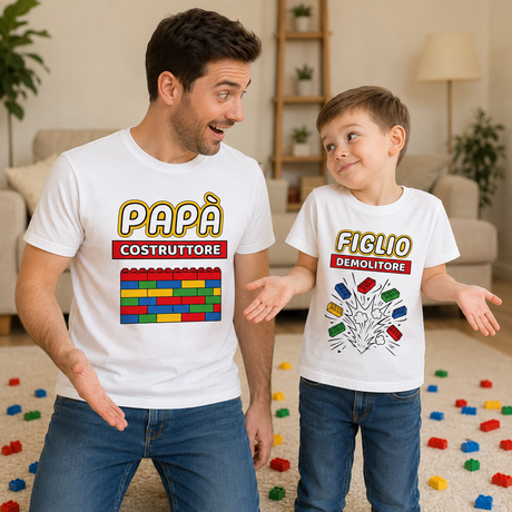 Coppia di t-shirt bianche Papà "COSTRUTTORE" e Figlio "DEMOLITORE" con grafica a blocchi