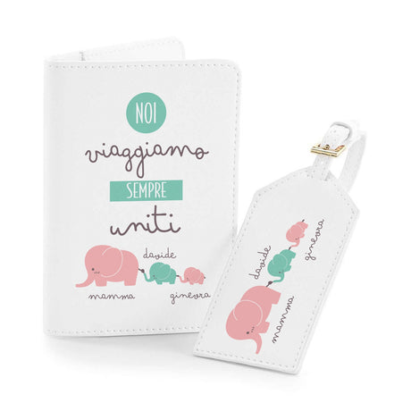 Porta passaporto e tag valigia bianchi, scritte colorate e illustrazione mamme