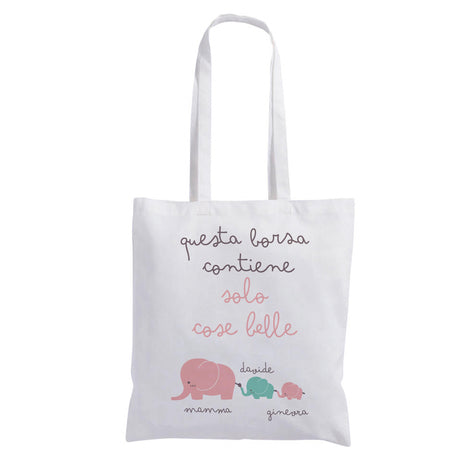 Borsa shopper in tela bianca con scritta colorata e elefantini