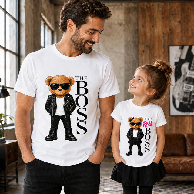 Magliette bianche padre e figlia con orsetti in giacca di pelle e THE BOSS