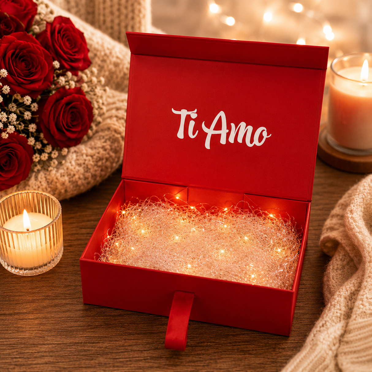 Scatola regalo rossa aperta con scritta “Ti Amo” e riempitivo luminoso scintillante