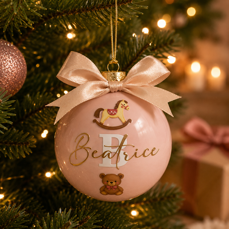 Pallina di vetro rosa con fiocco, cavalluccio e orsetto, nome Beatrice, appesa