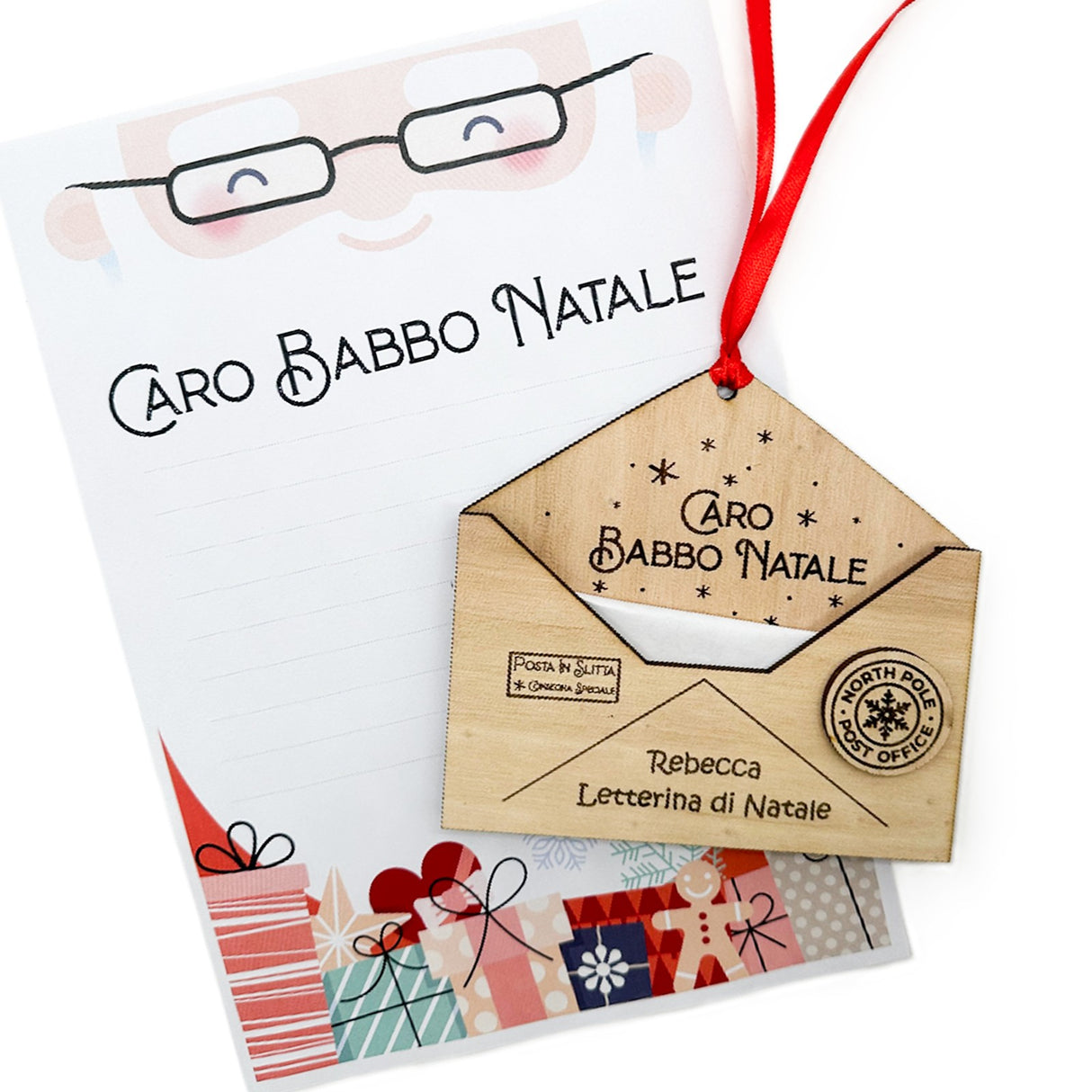 Decorazione natalizia in legno: busta lettere con scritta «Caro Babbo Natale»