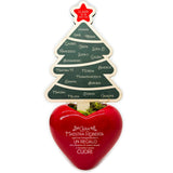 Vasetto a forma di cuore rosso con biglietto a forma di albero di Natale