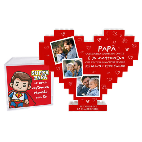 Cuore rosso a mattoncini con foto e scritta "PAPÀ" per festa di famiglia