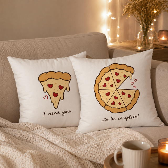Coppia di cuscini bianchi con stampa pizza e cuori, testo “I need you…”