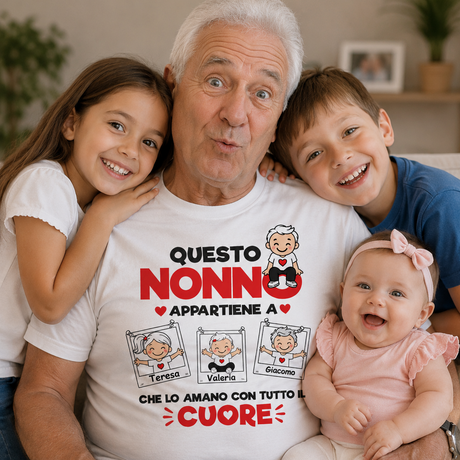 Maglietta bianca con stampa “Questo Nonno appartiene a” con nomi Teresa, Valeria, Giacomo