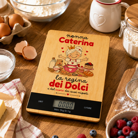 Bilancia digitale da cucina con scritta “La regina dei Dolci” e display 0.000