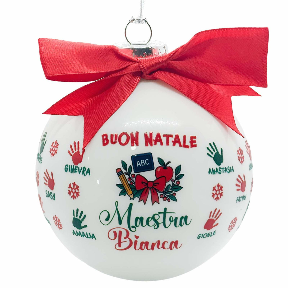 Pallina di vetro natalizia bianca con fiocco rosso e scritta Buon Natale Maestra Bianca