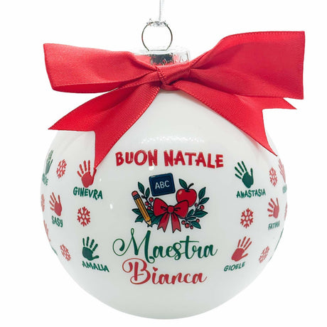 Pallina di vetro natalizia bianca con fiocco rosso e scritta Buon Natale Maestra Bianca