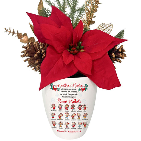 Vaso natalizio bianco con stella di Natale rossa e scritta auguri sul fronte