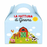 Scatola per compleanno personalizzata tema fattoria blu con scritta “LA FATTORIA di Ginevra”