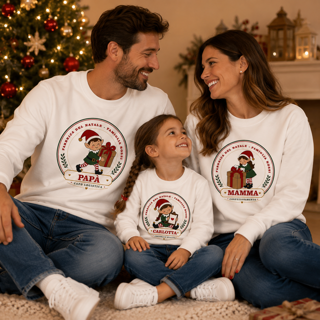 Felpe bianche con stampe circolari natalizie: papà, mamma e bambina