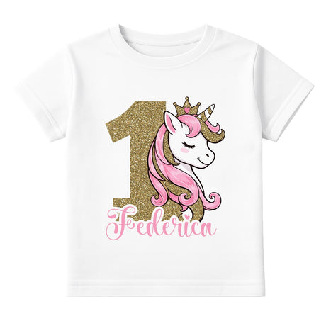 Maglietta bianca bambina con unicorno rosa e scritta Federica