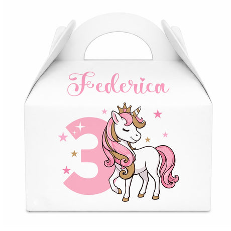 Scatola regalo bianca con manico, unicorno e scritta “Federica” e numero 3