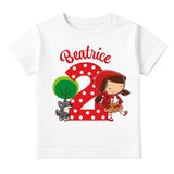 T-shirt bianca con stampa colorata Cappuccetto Rosso, gatto e mongolfiera