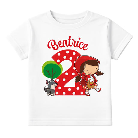 T-shirt bianca con stampa colorata Cappuccetto Rosso, gatto e mongolfiera