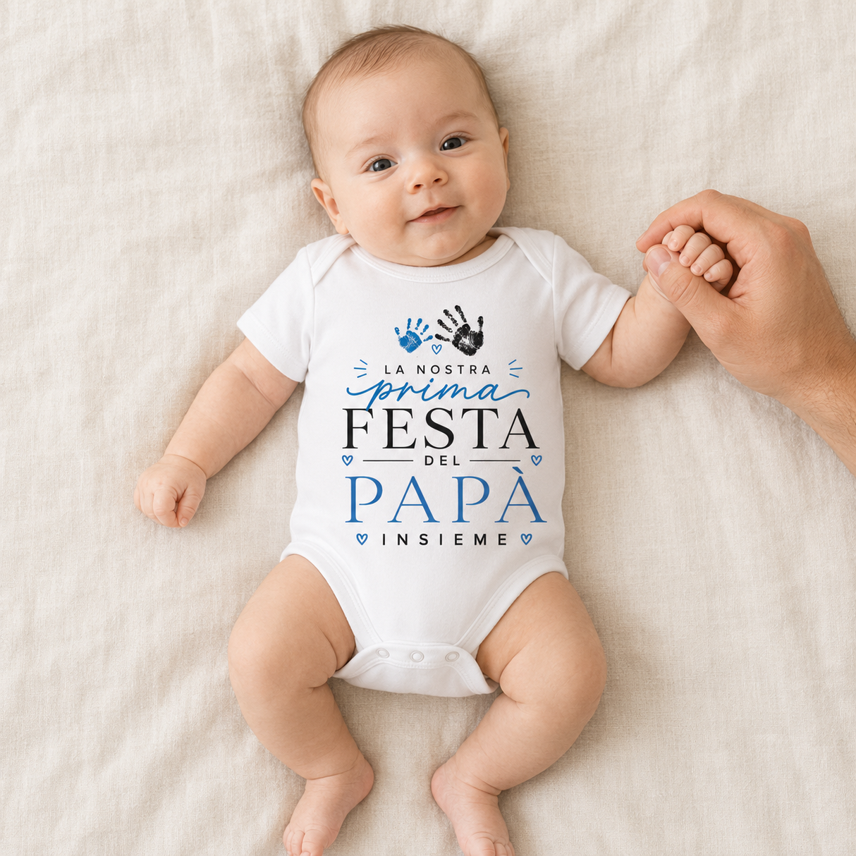 Body neonato bianco con scritta Festa del Papà Insieme blu e impronte