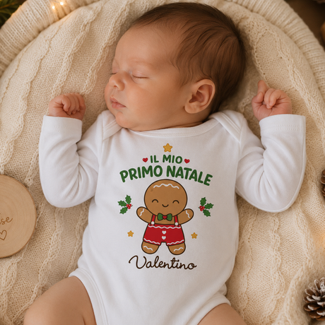 Body neonato bianco maniche lunghe con stampa Pan di Zenzero «Il mio Primo Natale» Valentino