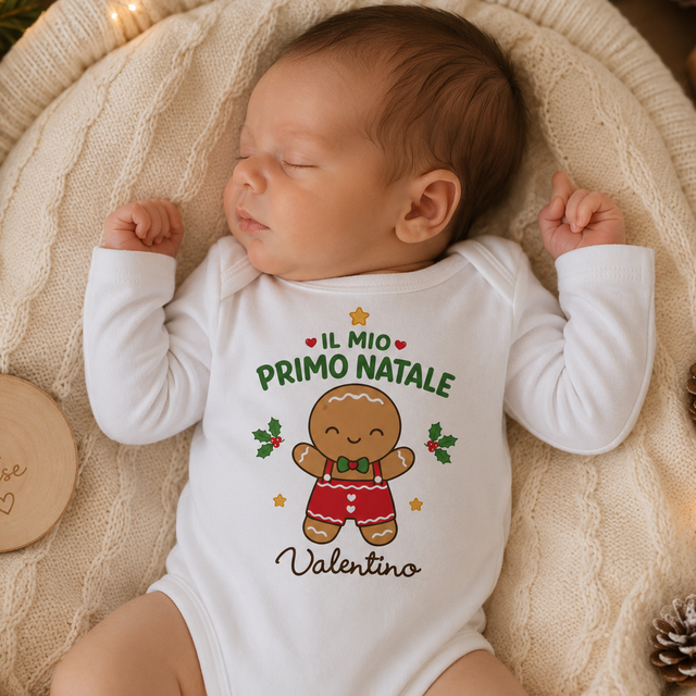 Body neonato bianco maniche lunghe con stampa Pan di Zenzero «Il mio Primo Natale» Valentino